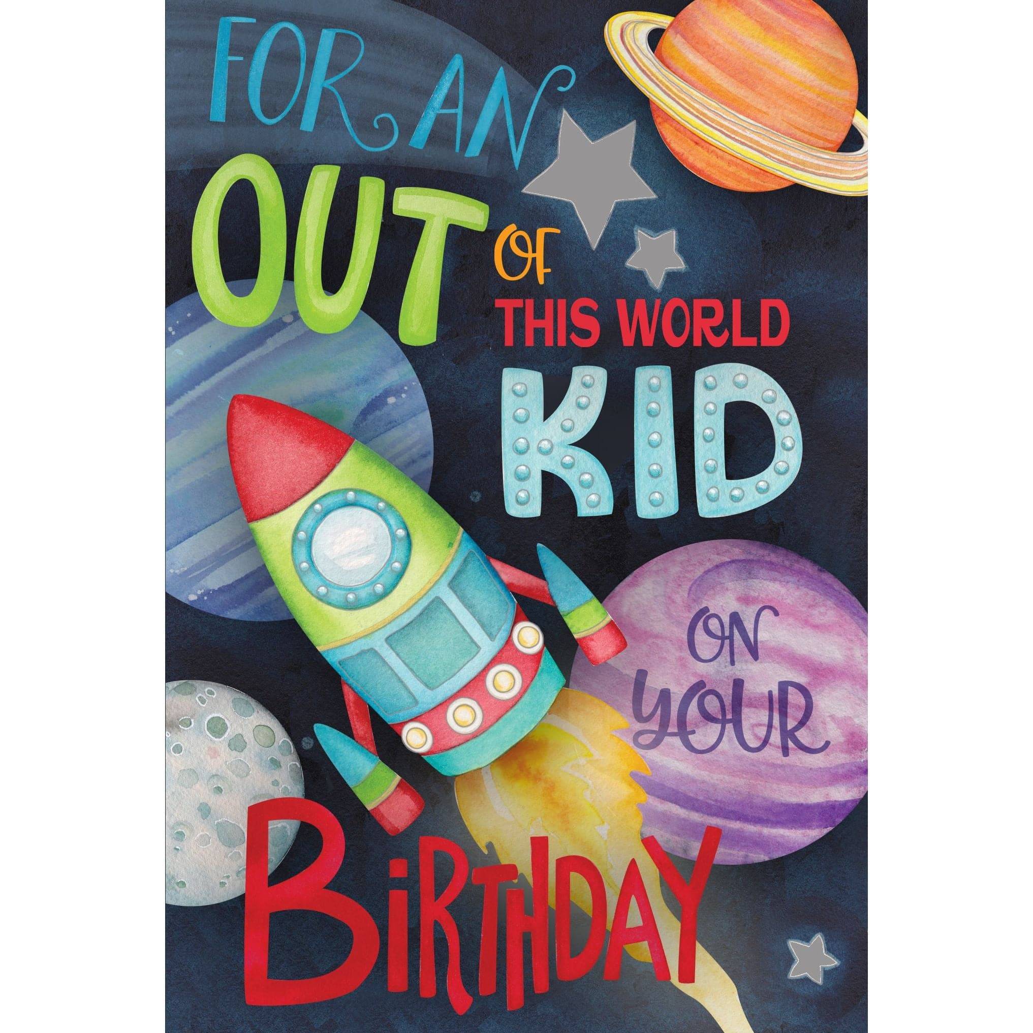 Colorful Out Of This World Kid Birthday Card by Pictura featuring planets and stars for a fun space-themed celebration.
